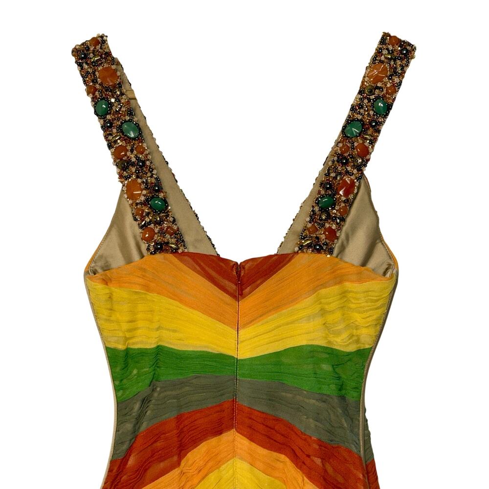 Beaded V-Neck Striped Midi Dress in Orange, Yellow & Green - Picture 7 of 15